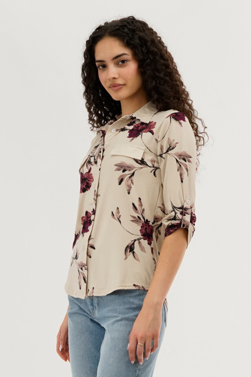 Majora Floral Button Up Blouse - Beige