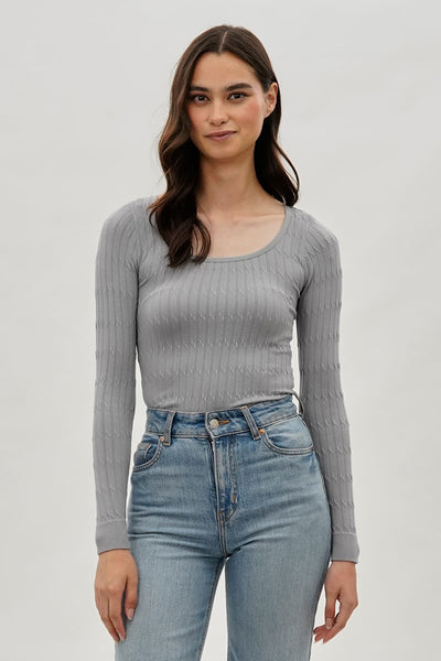 International INC Company Ribbed Scoop Neck Long Sleeve Top - Grey - Womens Long Sleeve Tops - Fairweather