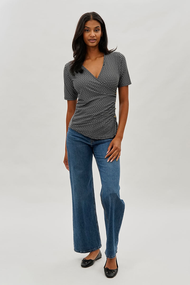 Beechers Brook Patterned Side Button Tee - Black - Womens Tees & Tank Tops - Fairweather