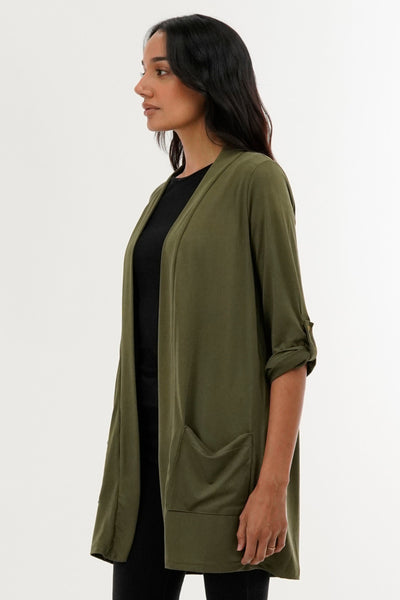 International INC Company Roll Up Sleeve Wrap Cardigan - Olive - Womens Cardigans - Fairweather