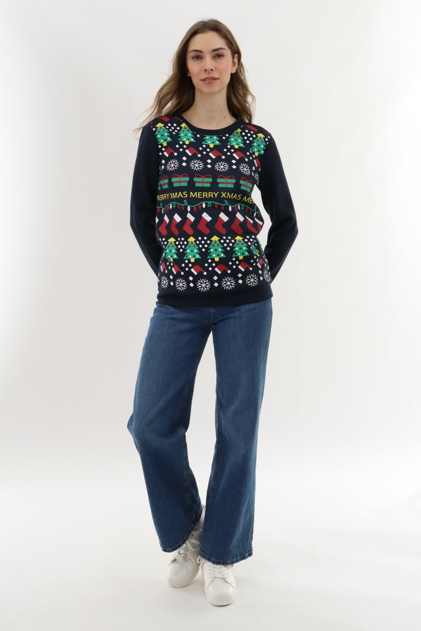 Festive Stockings Christmas Sweater - Navy - Womens Christmas Sweaters - Fairweather