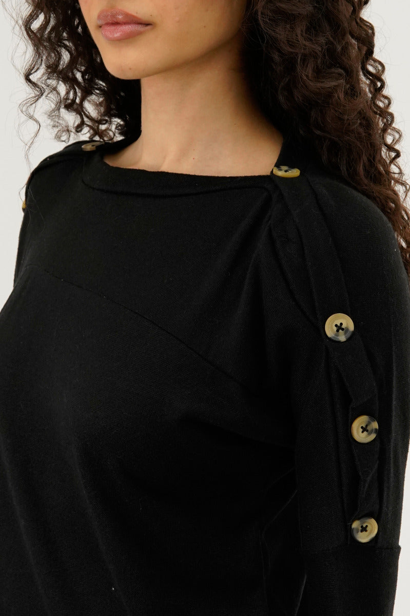 International INC Company Boat Neck Shoulder Button Pullover Sweater - Black - Womens Pullover Sweaters - Fairweather