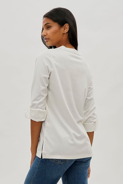 Costa Blanca Split Neck Roll Up Sleeve Blouse - White - Womens Shirts & Blouses - Fairweather