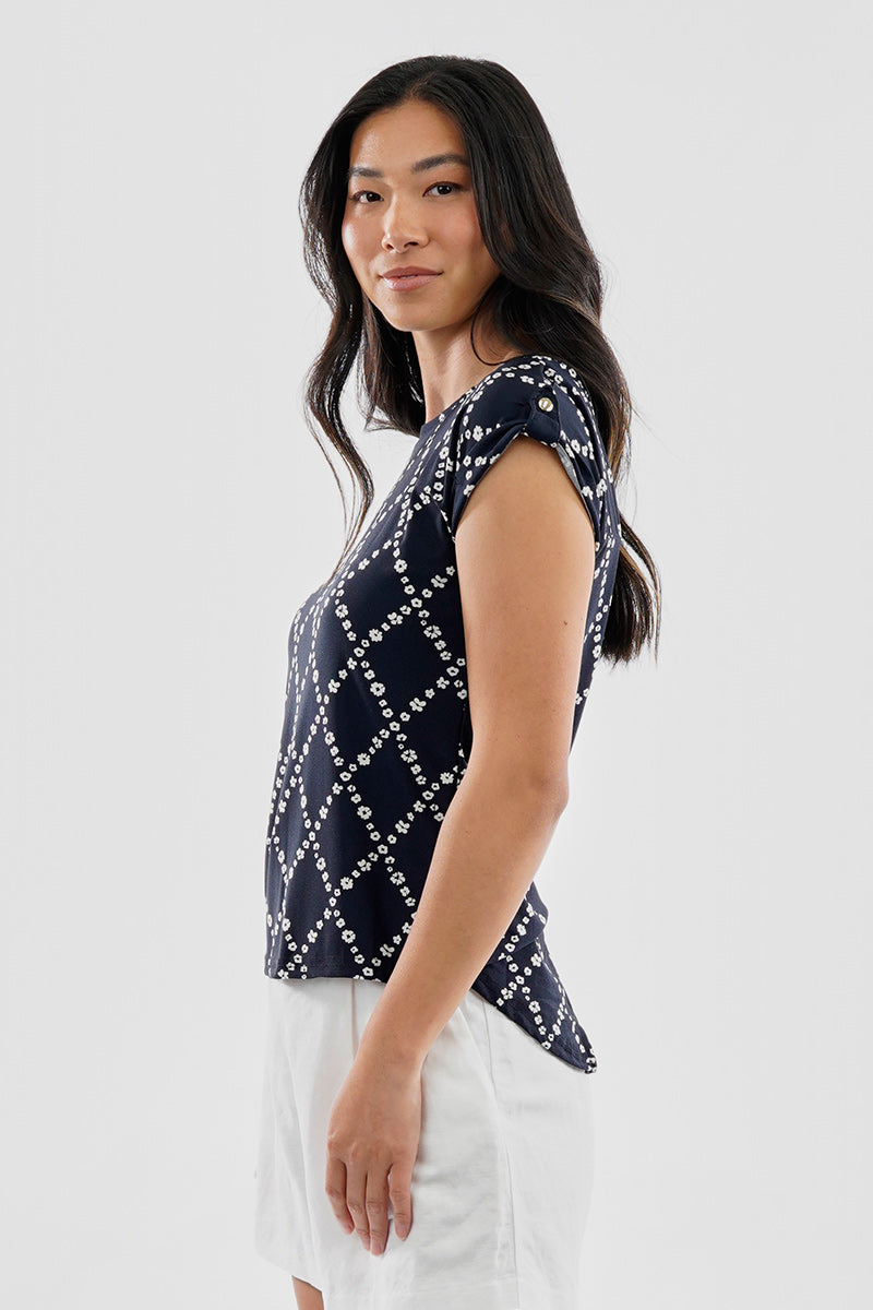 Beechers Brook Floral Cap Sleeve Back Slit Tee - Navy - Womens Tees & Tank Tops - Fairweather