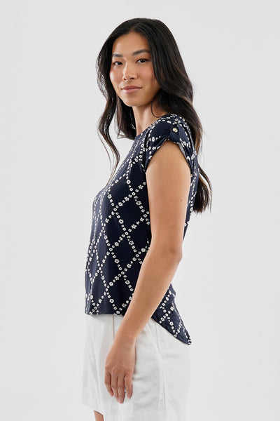 Beechers Brook Floral Cap Sleeve Back Slit Tee - Navy - Womens Tees & Tank Tops - Fairweather
