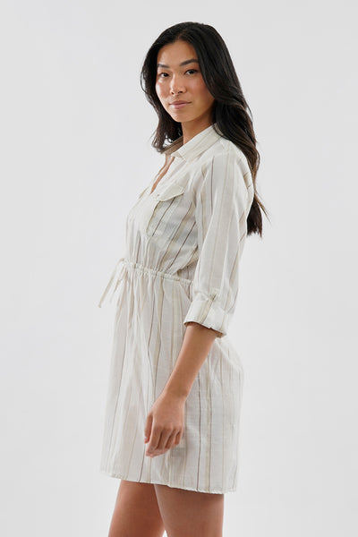 Beechers Brook Striped Roll Up Sleeve Flap Pocket Day Dress - Beige - Womens Day Dresses - Fairweather