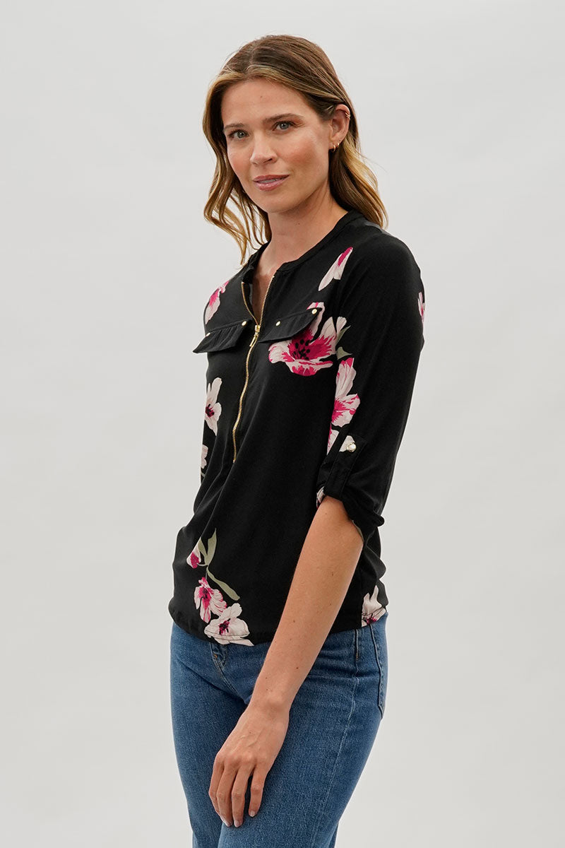 International INC Company Floral 1/4 Zip Shirt - Black - Womens Shirts & Blouses - Fairweather
