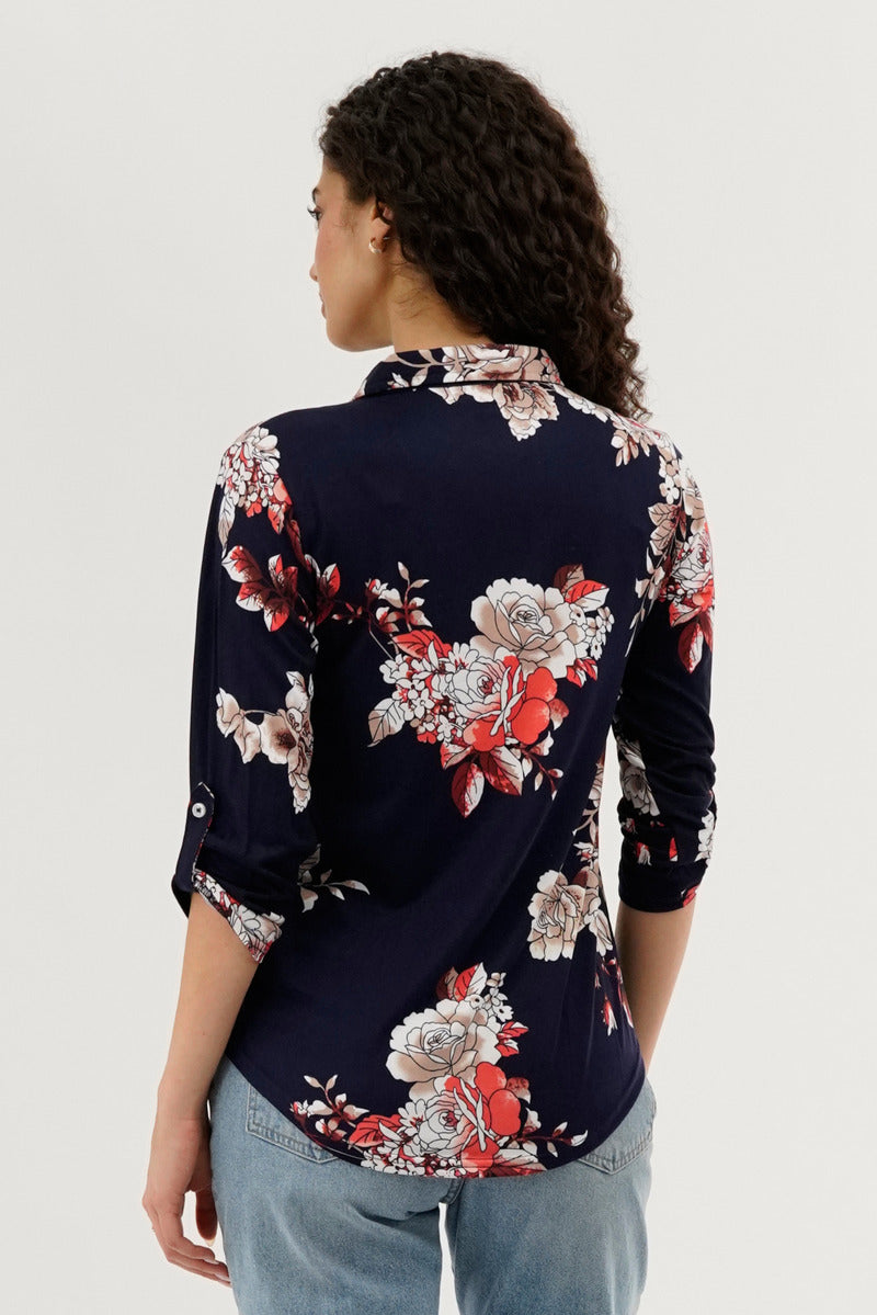 Majora Floral Button Up Blouse - Navy