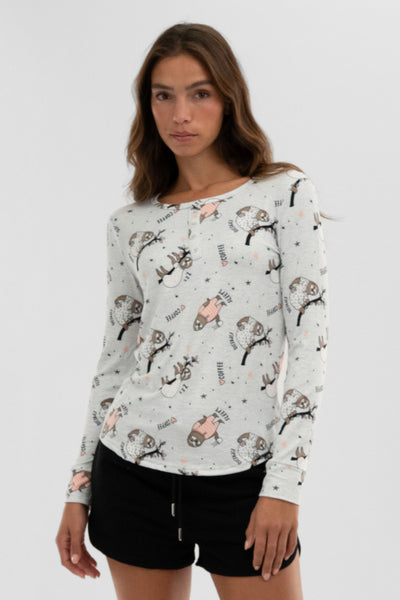 Canada Weather Gear Sloth Print Henley Pajama Top - Grey - Womens Pajamas - Fairweather