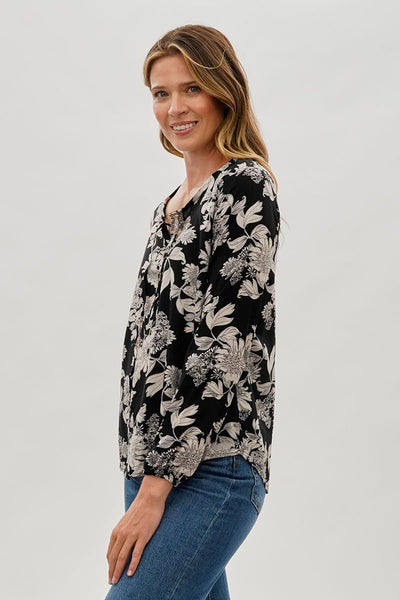 Beechers Brook Floral Lace Up Blouse - Black - Womens Shirts & Blouses - Fairweather