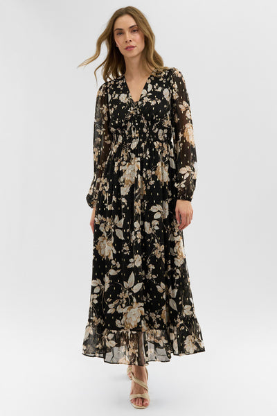 Costa Blanca Floral Long Sleeve Chiffon Maxi Dress - Black - Womens Maxi Dresses - Fairweather
