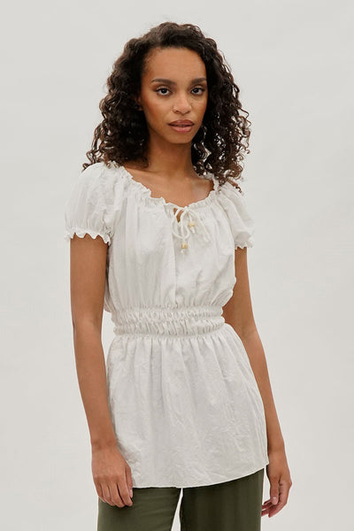 Runaway Bay Cinched Short Sleeve Blouse - White - Womens Shirts & Blouses - Fairweather