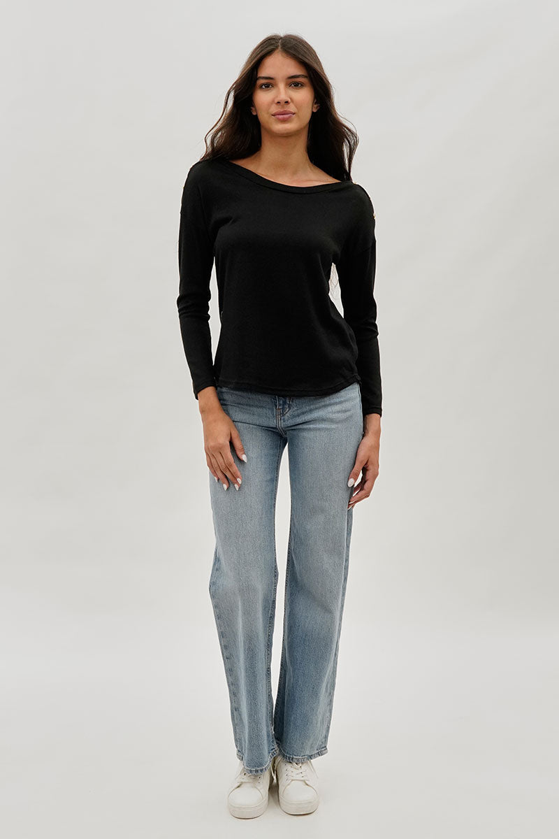 International INC Company Boat Neck Button Detail Pullover Sweater - Black - Womens Pullover Sweaters - Fairweather