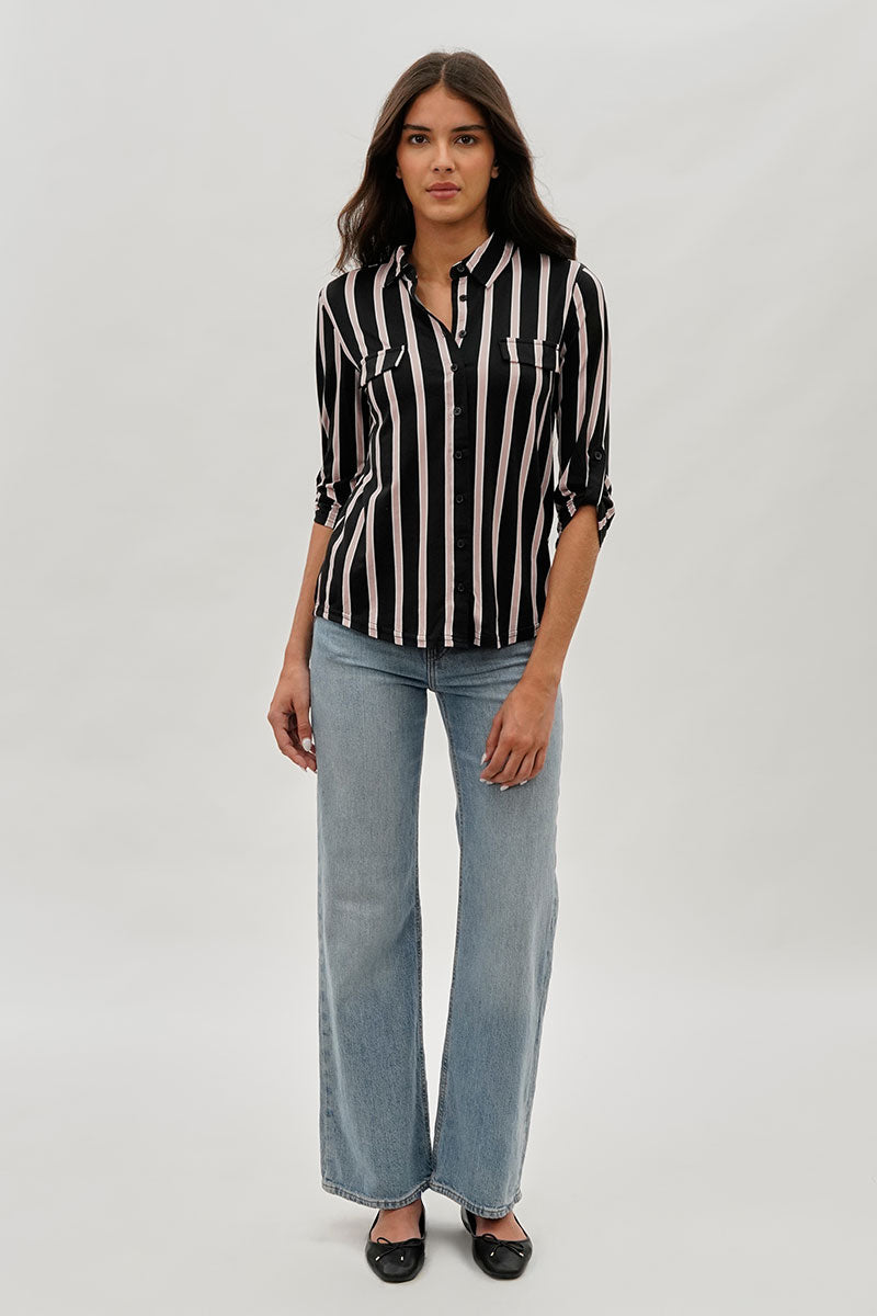 Majora Striped Collared Blouse - Black - Womens Shirts & Blouses - Fairweather