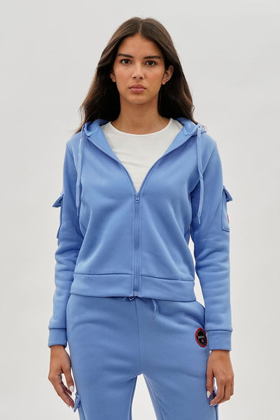 Fahrenheit Utility Pocket Zip Up Hoodie - Blue - Womens Hoodies & Sweatshirts - Fairweather