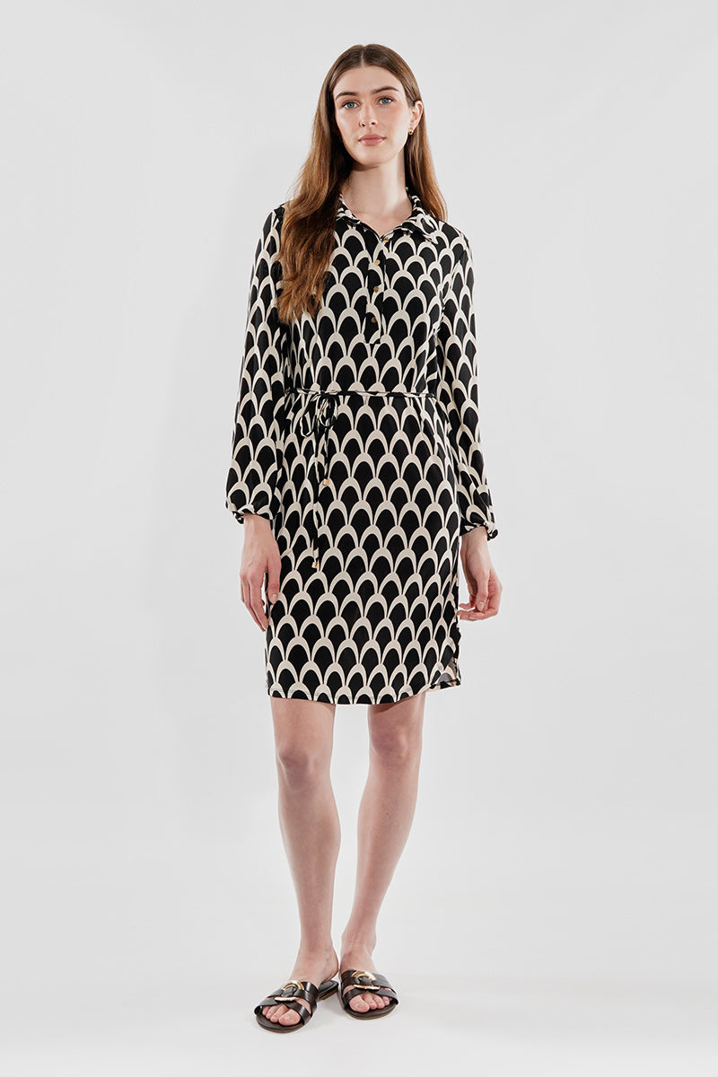 Beechers Brook Patterned Tie Waist Long Sleeve Day Dress - Black