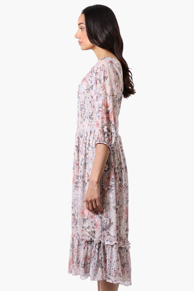 Costa Blanca Floral Tiered Sheer Sleeve Midi Dress - Cream - Womens Midi Dresses - Fairweather