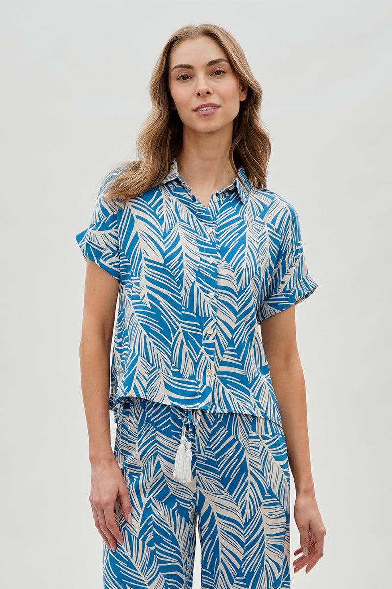 International INC Company Leaf Print Short Sleeve Shirt - Blue - Womens Shirts & Blouses - Fairweather