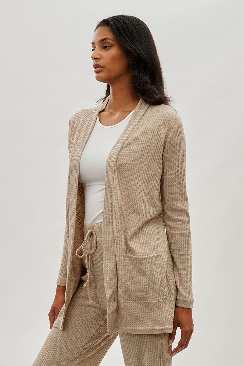 Fahrenheit Open Front Waffle Knit Cardigan - Beige
