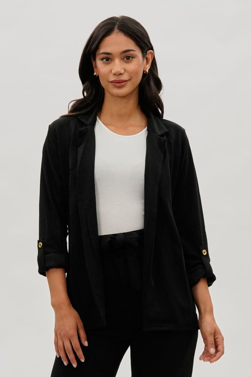 Majora Roll Up Sleeve Open Blazer - Black - Womens Blazers - Fairweather