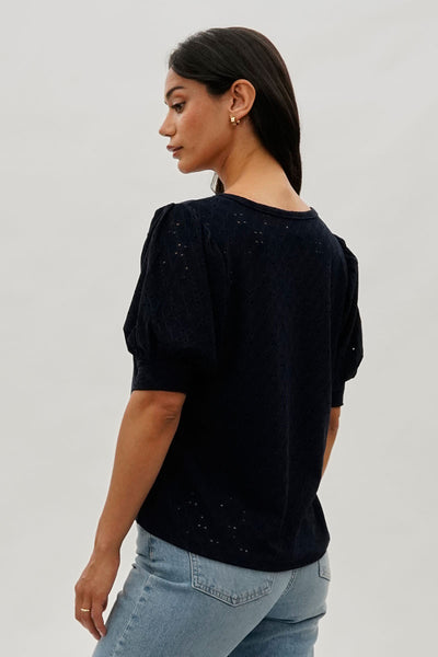 Beechers Brook Eyelet Detail Puff Sleeve Blouse - Navy - Womens Shirts & Blouses - Fairweather