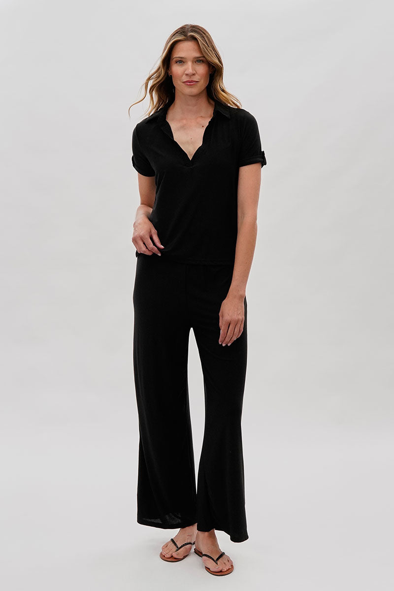 Costa Blanca Short Sleeve Split Neck Blouse - Black - Womens Shirts & Blouses - Fairweather
