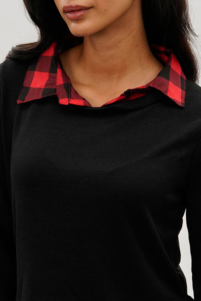 International INC Company Plaid Collared Pullover Sweater - Black - Womens Pullover Sweaters - Fairweather