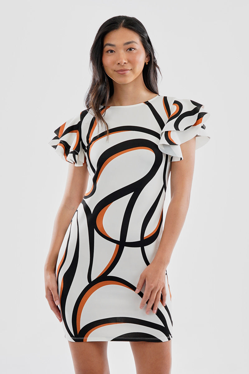 Costa Blanca Patterned Flutter Sleeve Scuba Day Dress - White - Womens Day Dresses - Fairweather