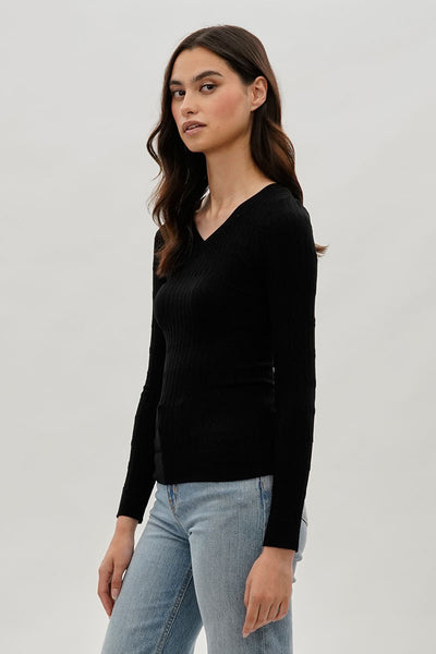 International INC Company Ribbed V-Neck Long Sleeve Top - Black - Womens Long Sleeve Tops - Fairweather