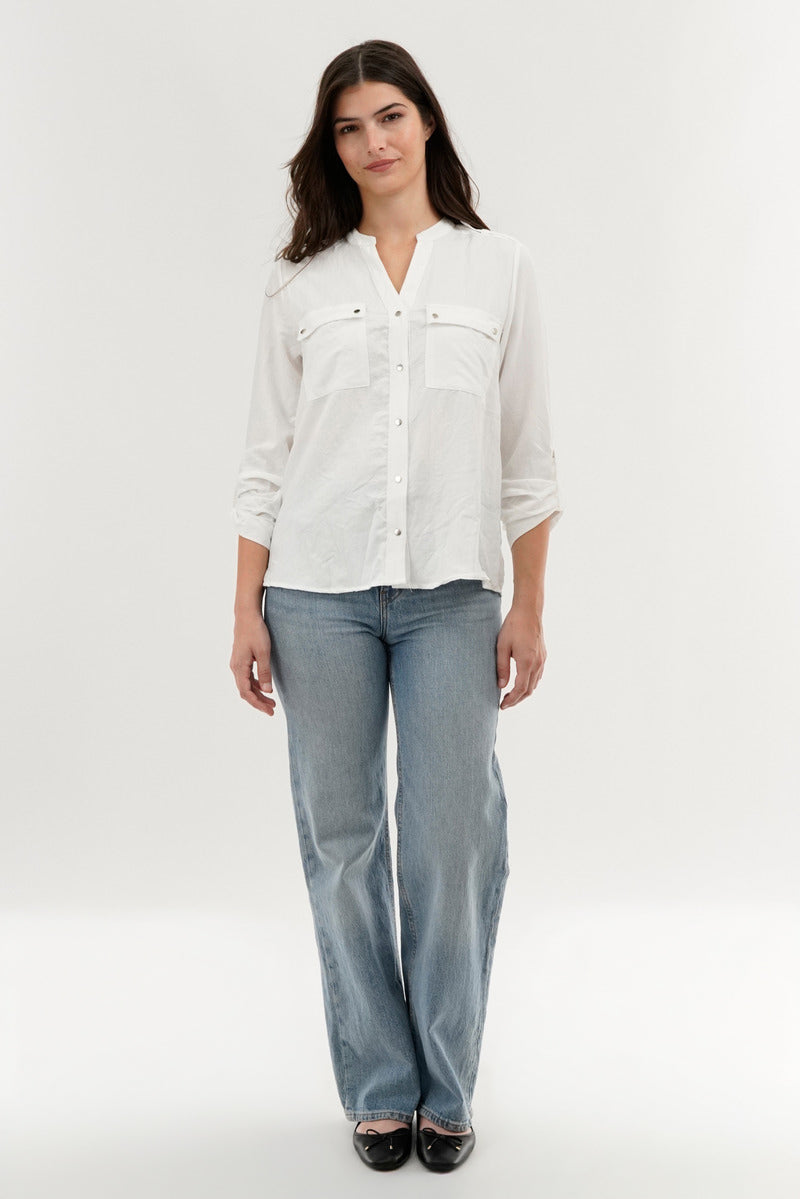 Runaway Bay Roll Up Sleeve Utility Pocket Blouse - White - Womens Shirts & Blouses - Fairweather