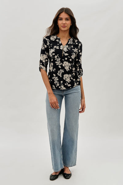 International INC Company Floral 1/4 Zip Blouse - Black - Womens Shirts & Blouses - Fairweather