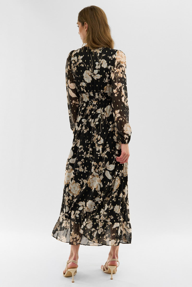 Costa Blanca Floral Long Sleeve Chiffon Maxi Dress - Black - Womens Maxi Dresses - Fairweather