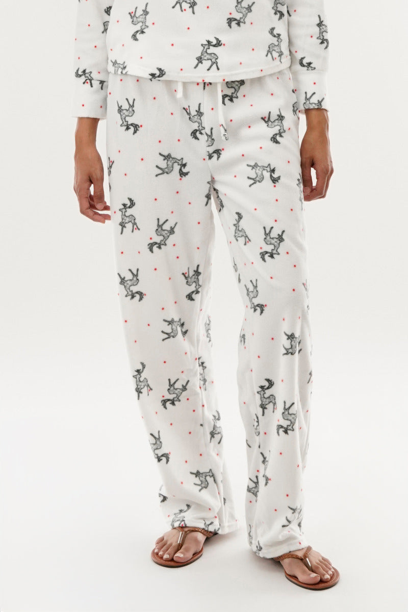 Canada Weather Gear Reindeer Print Wide Leg Pajama Pants - White - Womens Pajamas - Fairweather