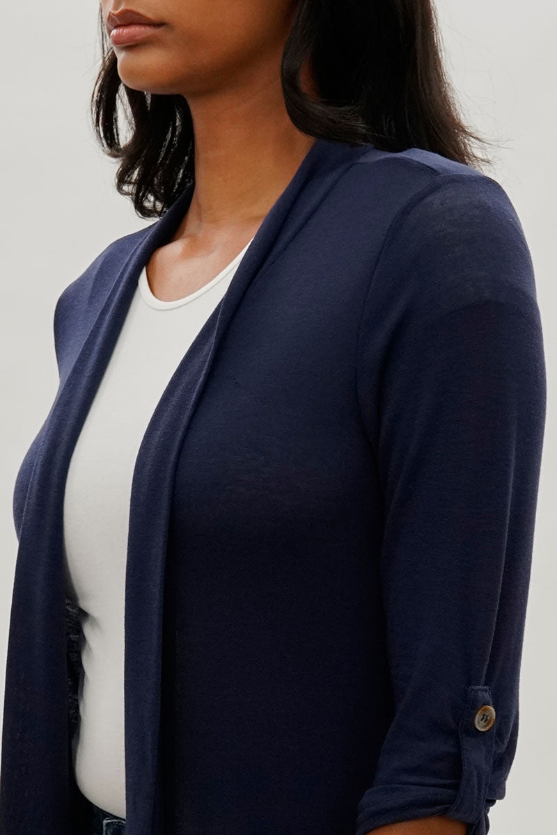 Fahrenheit Open Front Roll Up Sleeve Cardigan - Navy - Womens Cardigans - Fairweather