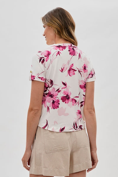 Beechers Brook Floral Tie-Neck Short Sleeve Blouse - White - Womens Shirts & Blouses - Fairweather