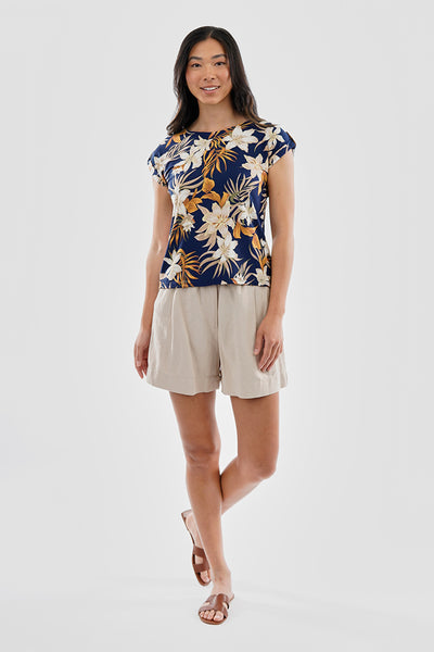 Beechers Brook Floral Cap Sleeve Back Slit Tee - Navy - Womens Tees & Tank Tops - Fairweather