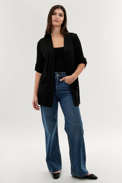 International INC Company Roll Up Sleeve Wrap Cardigan - Black