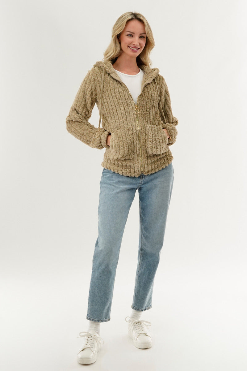 Fahrenheit Plush Hooded Zip Up Lightweight Jacket - Beige