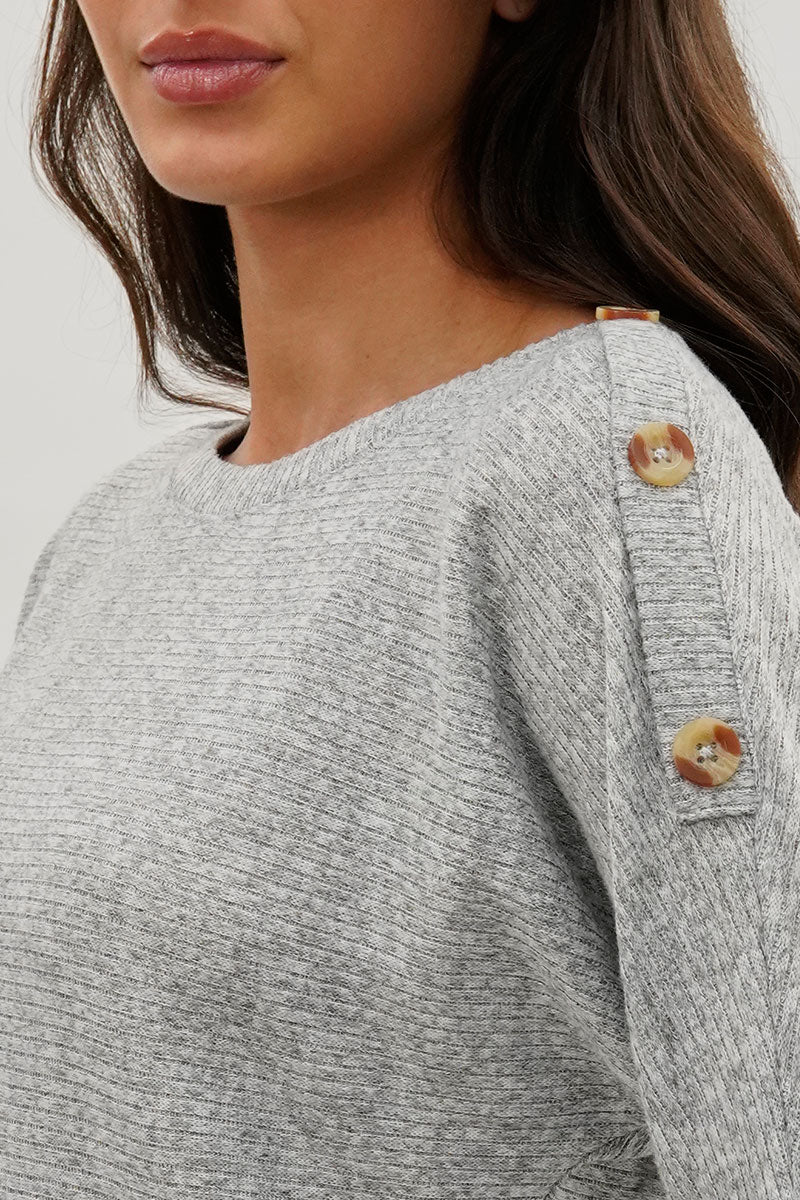 International INC Company Ribbed Button Detail Pullover Sweater - Grey - Womens Pullover Sweaters - Fairweather