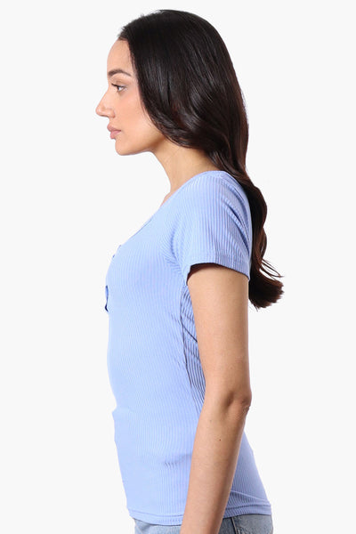 Costa Blanca Ribbed Square Neck Henley Tee - Blue - Womens Tees & Tank Tops - Fairweather