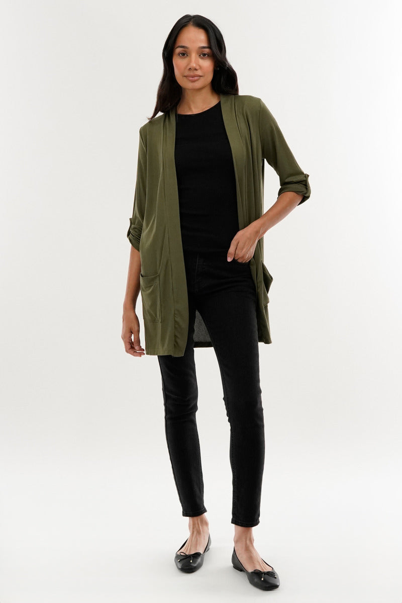 International INC Company Roll Up Sleeve Wrap Cardigan - Olive - Womens Cardigans - Fairweather