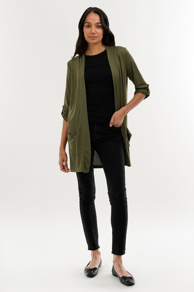 International INC Company Roll Up Sleeve Wrap Cardigan - Olive - Womens Cardigans - Fairweather