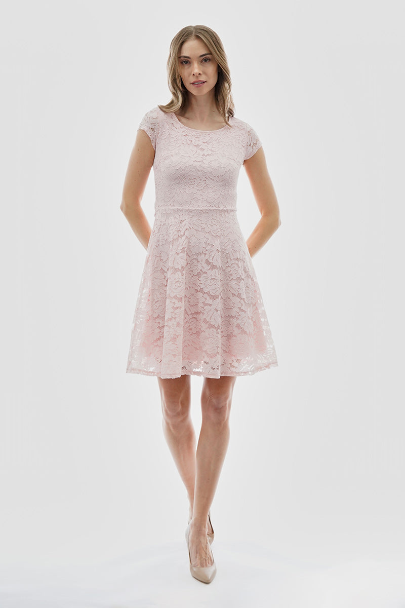 Costa Blanca Floral Lace Cap Sleeve Day Dress - Pink - Womens Day Dresses - Fairweather