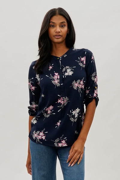 International INC Company Floral Roll Up Sleeve Blouse - Navy - Womens Shirts & Blouses - Fairweather
