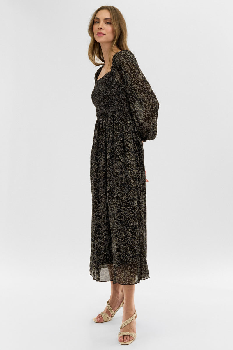 Floral Long Sleeve Smocked Maxi Dress - Black Floral Long Sleeve Smocked Maxi Dress - Black