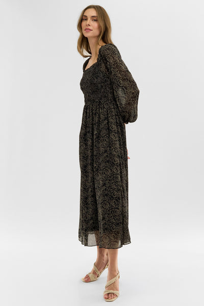 Costa Blanca Floral Long Sleeve Smocked Maxi Dress - Black - Womens Maxi Dresses - Fairweather