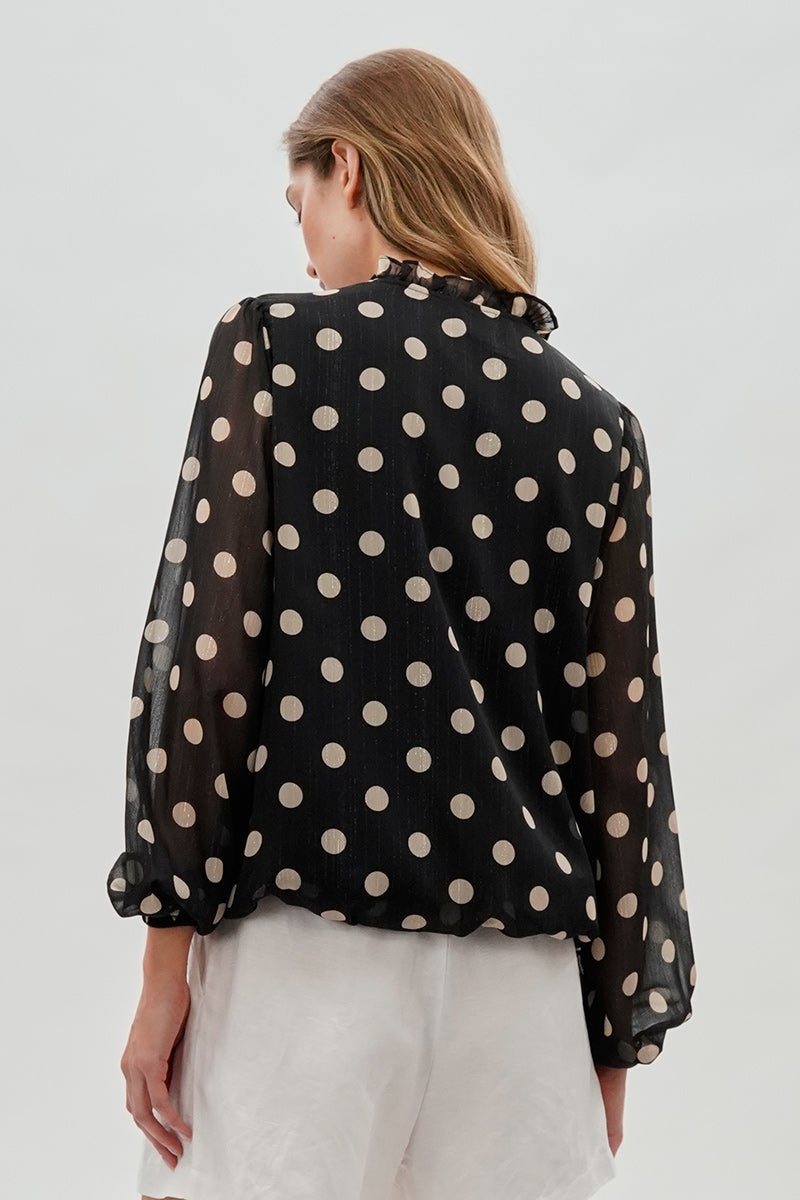 Costa Blanca Polka Dot Long Sleeve Blouse - Black - Womens Shirts & Blouses - Fairweather