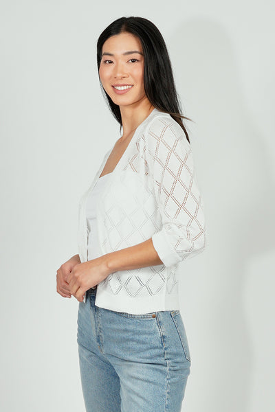 Beechers Brook Diamond Knit 3/4 Sleeve Open Cardigan - White - Womens Cardigans - Fairweather