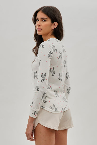 Canada Weather Gear Reindeer Print Henley Pajama Top - White - Womens Pajamas - Fairweather