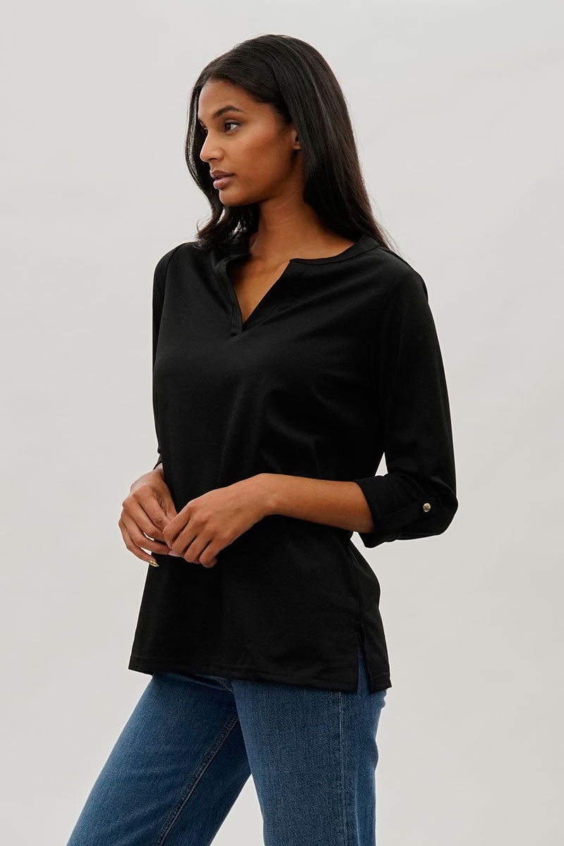 Costa Blanca Split Neck Roll Up Sleeve Blouse - Black - Womens Shirts & Blouses - Fairweather